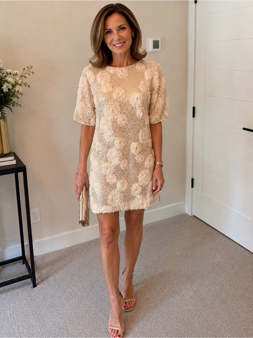 Baltic Born Sequin Dress with Floral Appliqués in Cream and Champagne